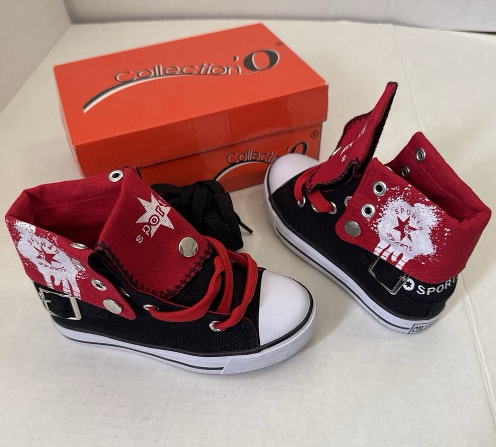 Collection O Unisex Kids High Top Canvas Colorblock Sneakers Red/Black/White 8